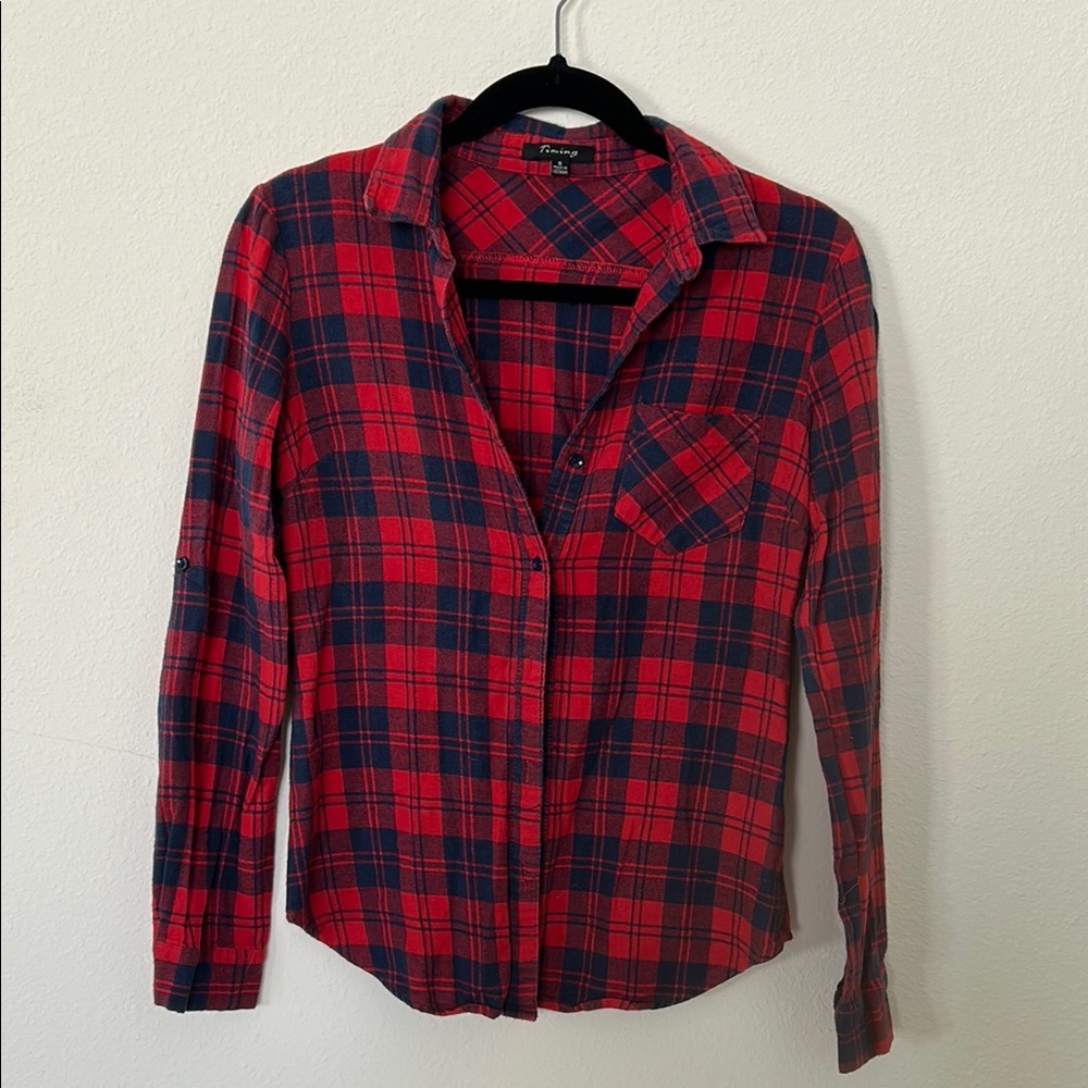 Red and blue Plaid Button-Up Flannel Shirt
